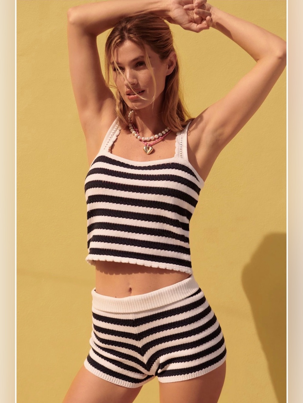 Anthropologie (Flat White) Navy & Cream Striped Ribbed Knit Two-Piece Set, XS
